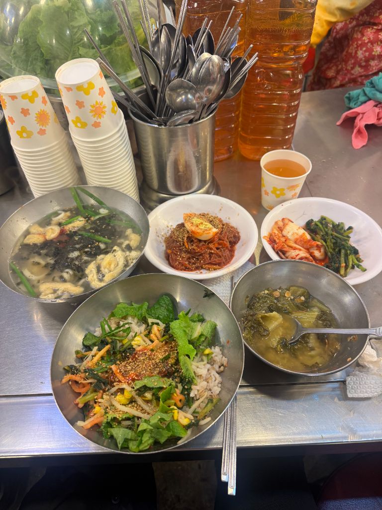 Traditional Korean market meal spread