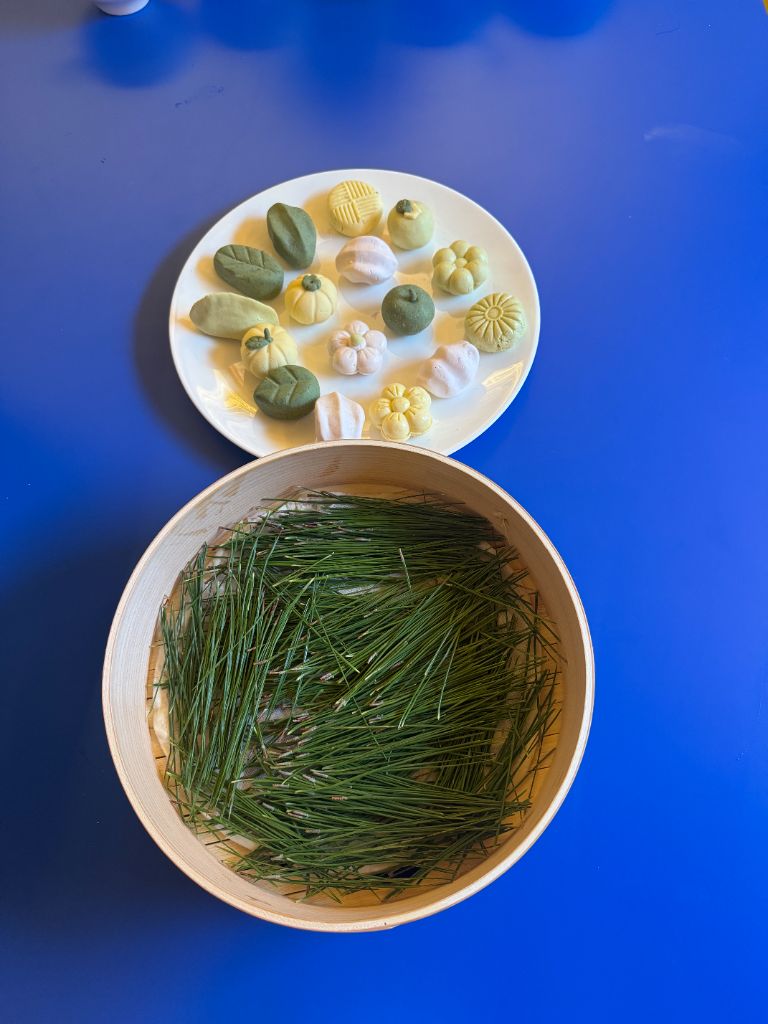 Assorted colorful tteok in wooden steamer